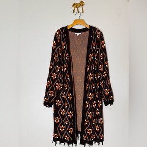 Vintage-Inspired Floral Knit Cardigan with Fringe